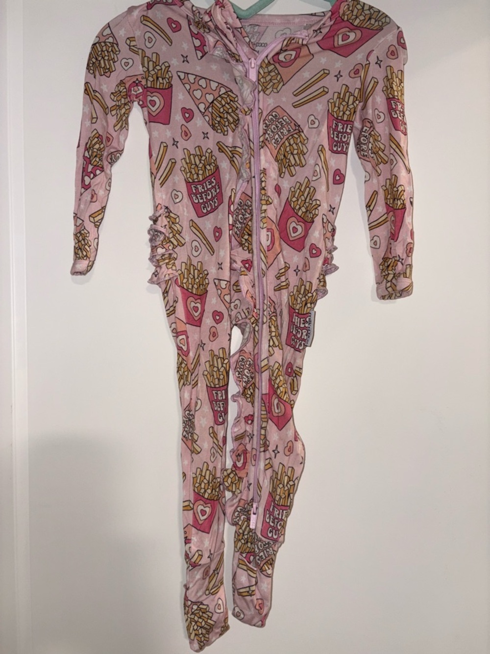 Girls Pink French Fry Print Zip-Front Bamboo One-Piece Romper